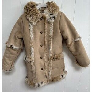 London Fog Faux Fur Suede Tan Shearling Penny Lane Girls Jacket Coat Small 5/6